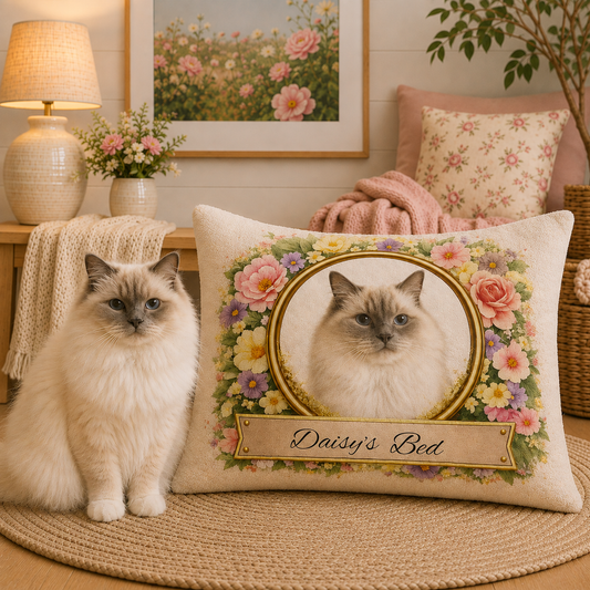 Personalised Pet Bed (Dog or Cat) with Photo & Name – Custom Pet Bed (Floral Portrait Design)