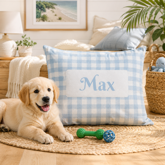 Personalised Pet Bed (Dog or Cat) with Name – Custom Pet Bed (Baby Blue and White Gingham Design)