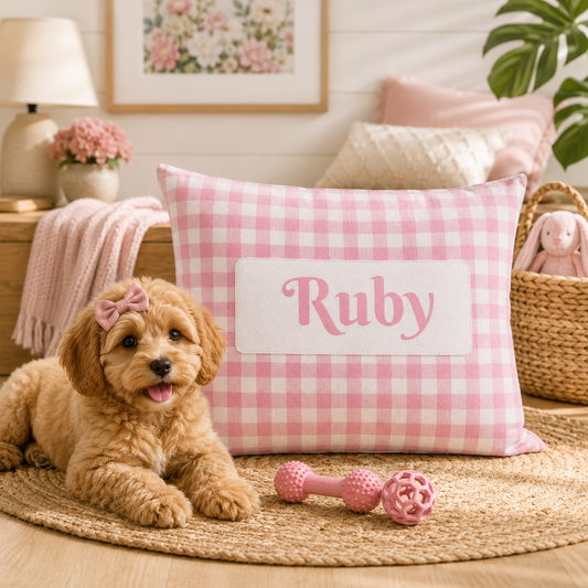 Personalised Pet Bed (Dog or Cat) with Name – Custom Pet Bed (Soft Pink and White Gingham Design)