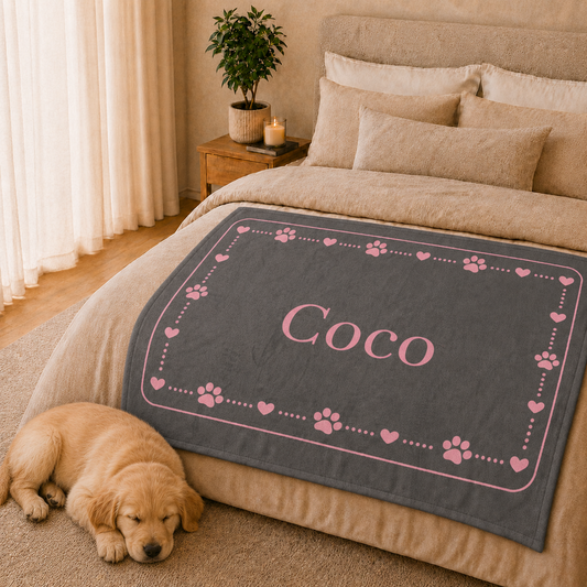 Personalised Fleece Pet Blanket, Soft Grey with Pink Paw & Heart (Pet Name)