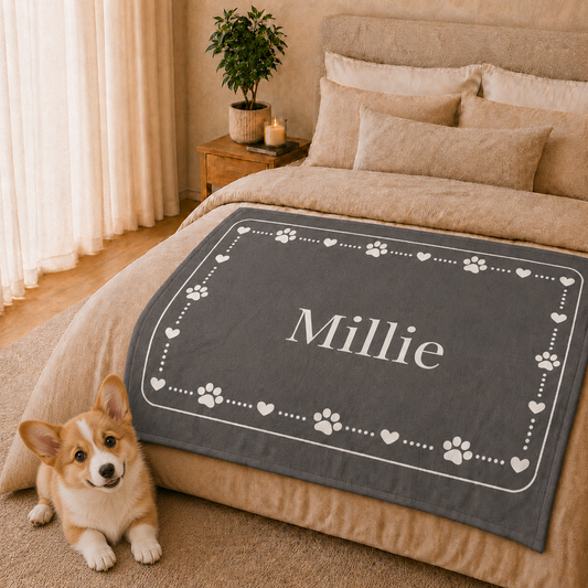 Personalised Fleece Pet Blanket, Soft Grey with White Paw & Heart (Pet Name)