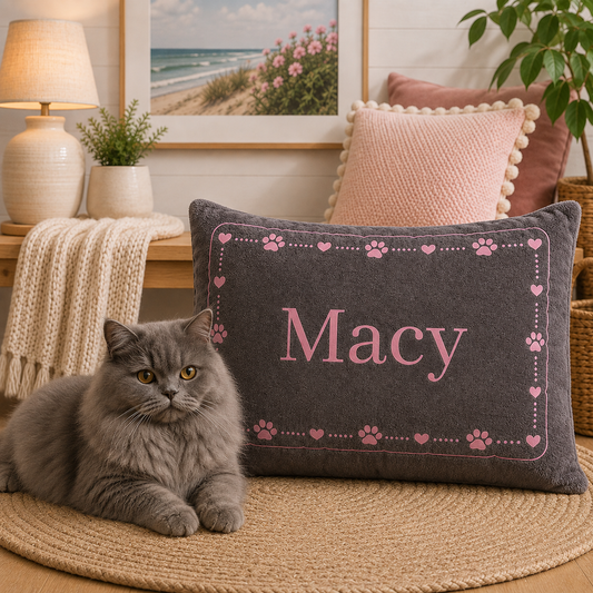 Personalised Pet Bed (Dog or Cat) with Name – Custom Pet Bed (Grey with Pink Paw & Heart Border Design)