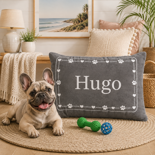 Personalised Pet Bed (Dog or Cat) with Name – Custom Pet Bed (Grey with White Paw & Heart Border Design)