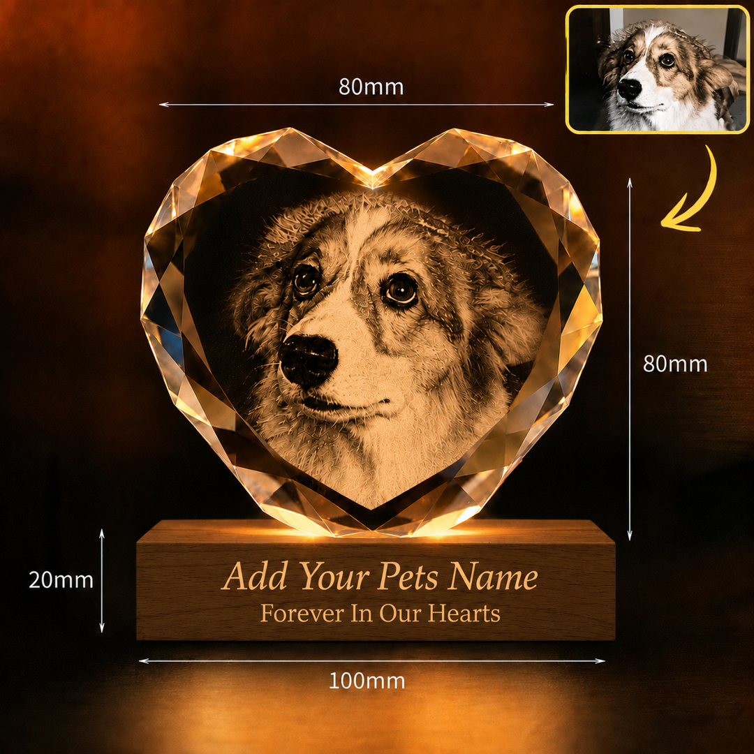 Personalised Heart Faceted 3D Crystal Pet Ornament (Pet Photo & Name)