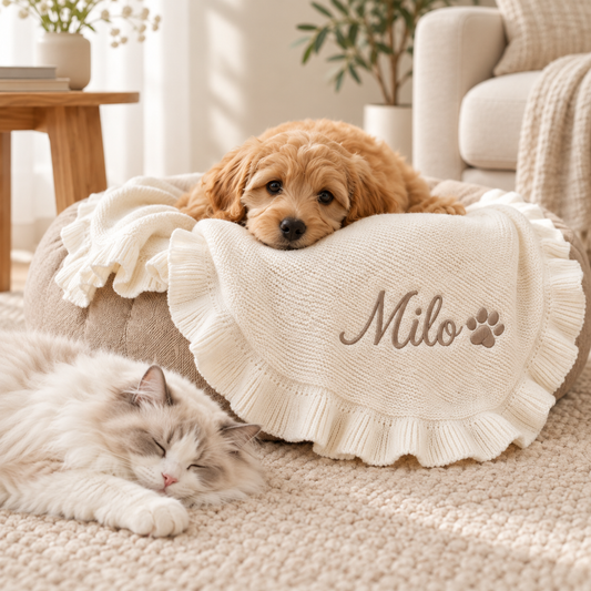 Knitted & Custom Embroidered Pet Blanket with Ruffled Edges (Pet Name)
