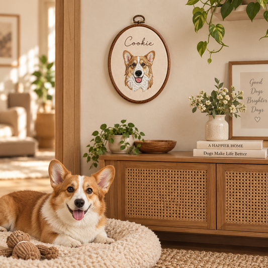 Personalised Embroidered Oval Pet Portrait Wall Hanging (Pet Photo & Name)