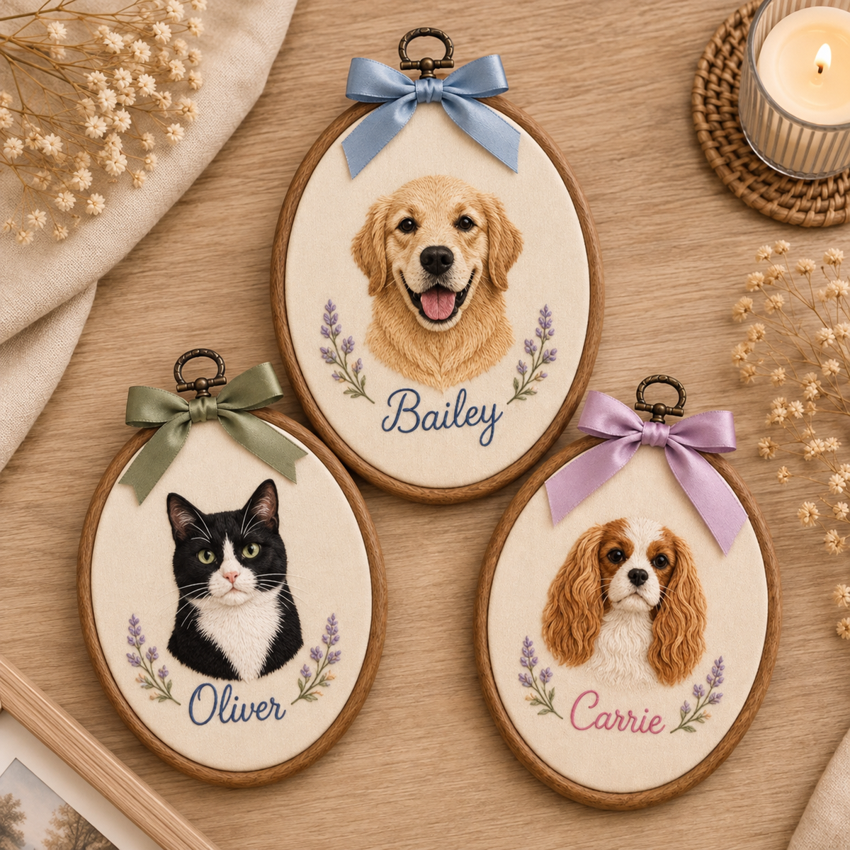 Personalised Embroidered Oval Pet Portrait Wall Hanging (Pet Photo & Name)