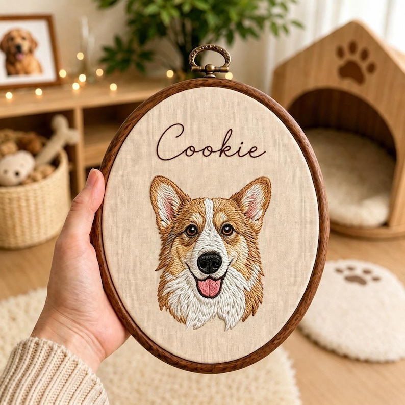 Personalised Embroidered Oval Pet Portrait Wall Hanging (Pet Photo & Name)