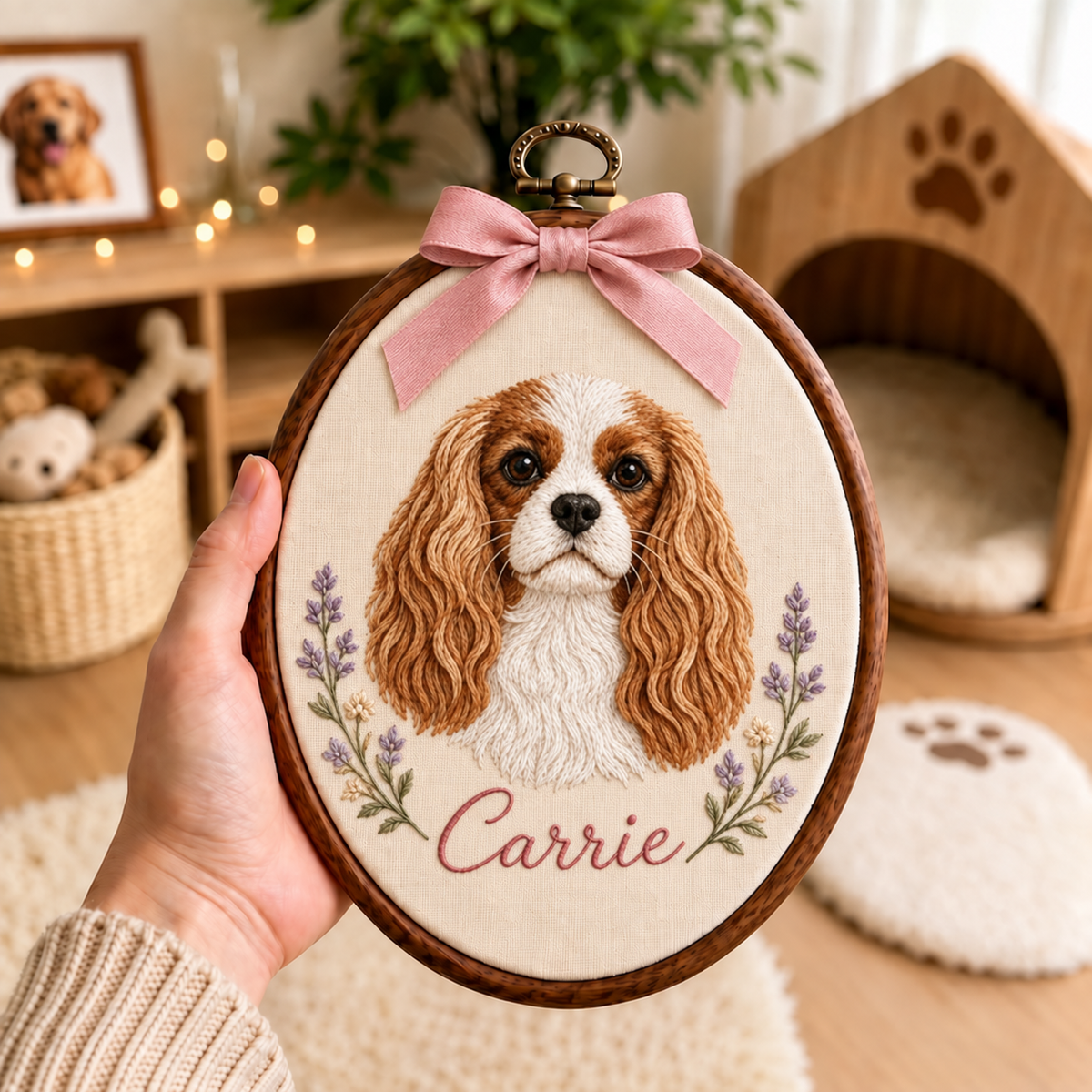 Personalised Embroidered Oval Pet Portrait Wall Hanging (Pet Photo & Name)