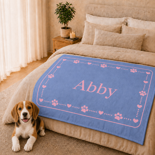 Personalised Fleece Pet Blanket, Soft Blue with Pink Paw & Heart (Pet Name)