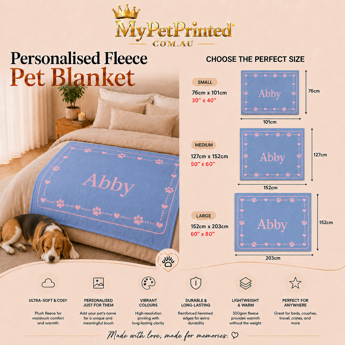 Personalised Fleece Pet Blanket, Soft Blue with Pink Paw & Heart (Pet Name)