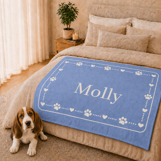 Personalised Fleece Pet Blanket, Soft Blue with White Paw & Heart (Pet Name)