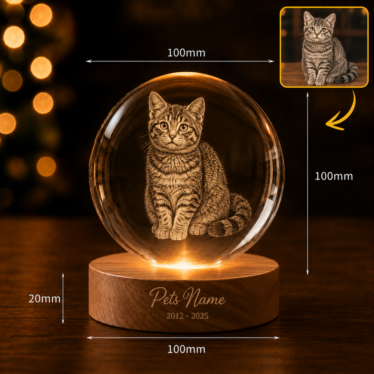 Personalised Crystal Ball Pet Memorial Lamp (Pet Photo & Name & Dates)