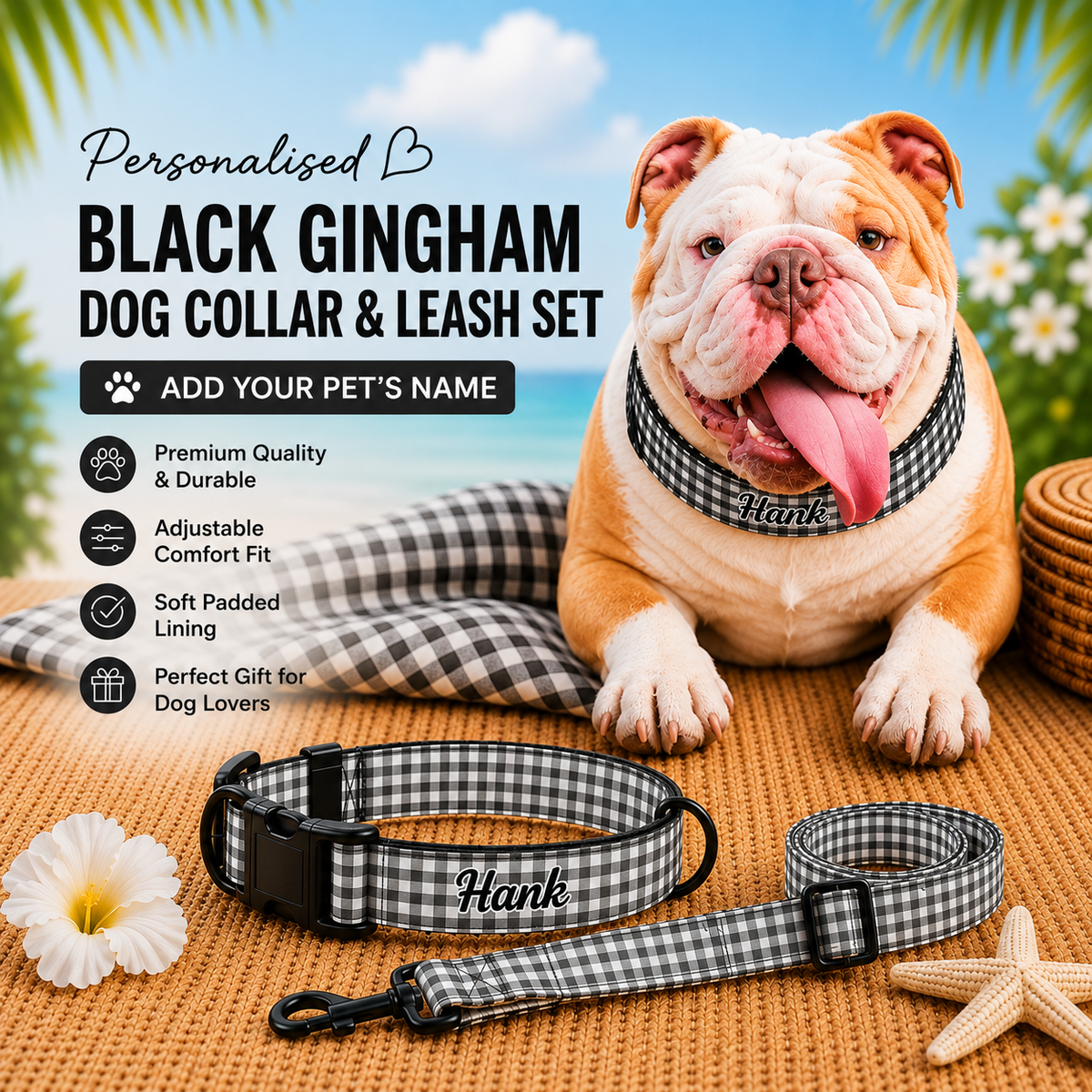 Personalised Pet Collar & Leash Set - Black Gingham (Pet Name)