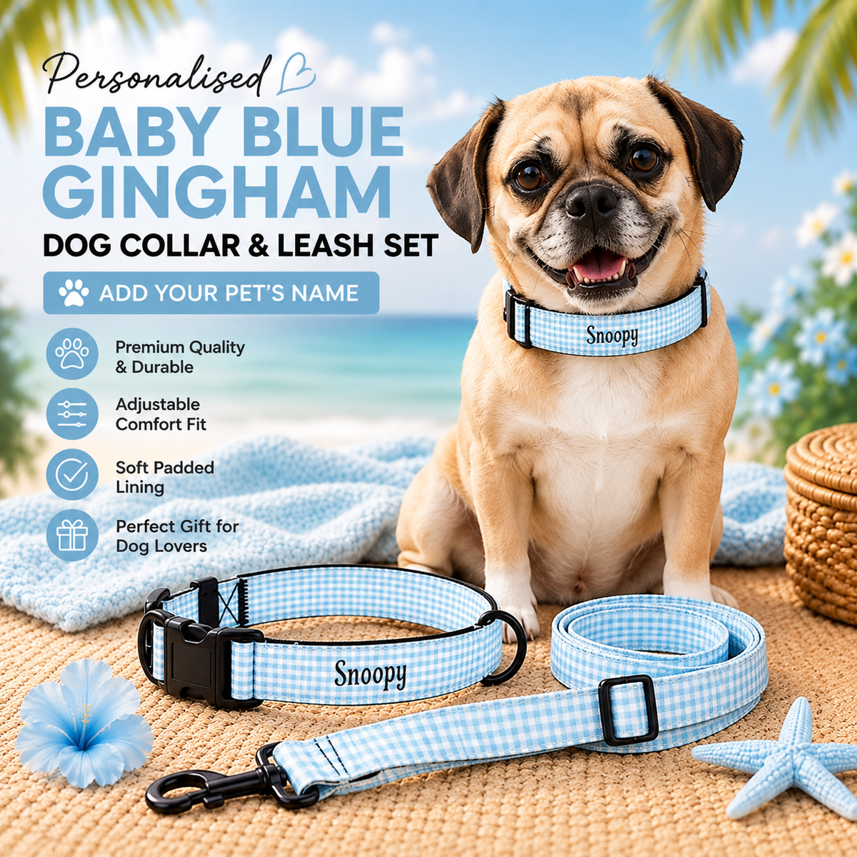 Personalised Pet Collar & Leash Set - Baby Blue Gingham (Pet Name)