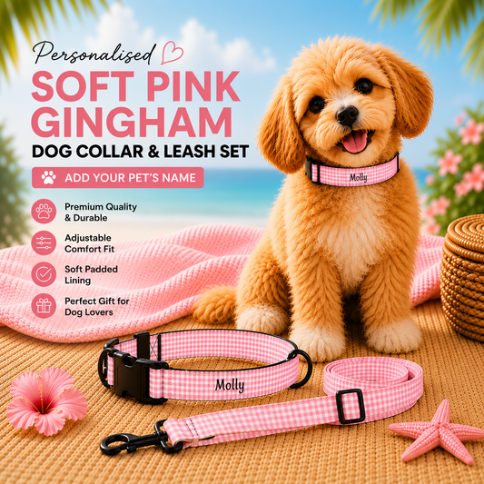 Personalised Pet Collar & Leash Set - Baby Pink Gingham (Pet Name)