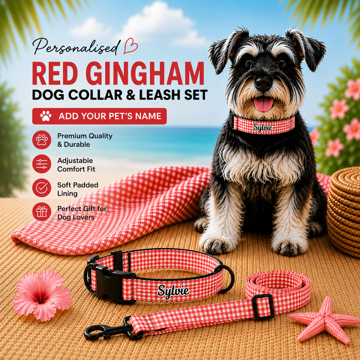 Personalised Pet Collar & Leash Set - Red Gingham (Pet Name)