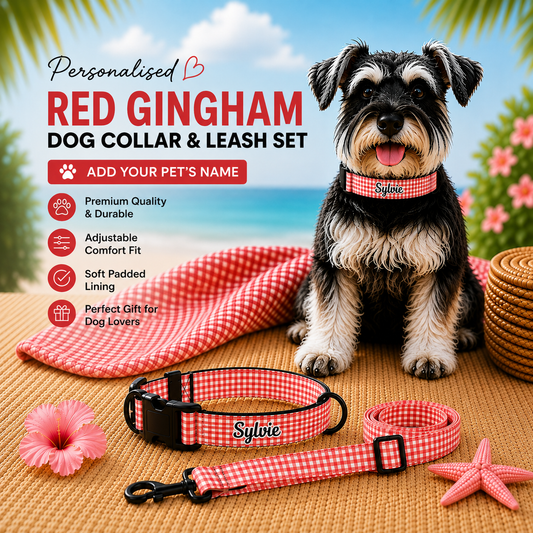 Personalised Pet Collar & Leash Set - Red Gingham (Pet Name)