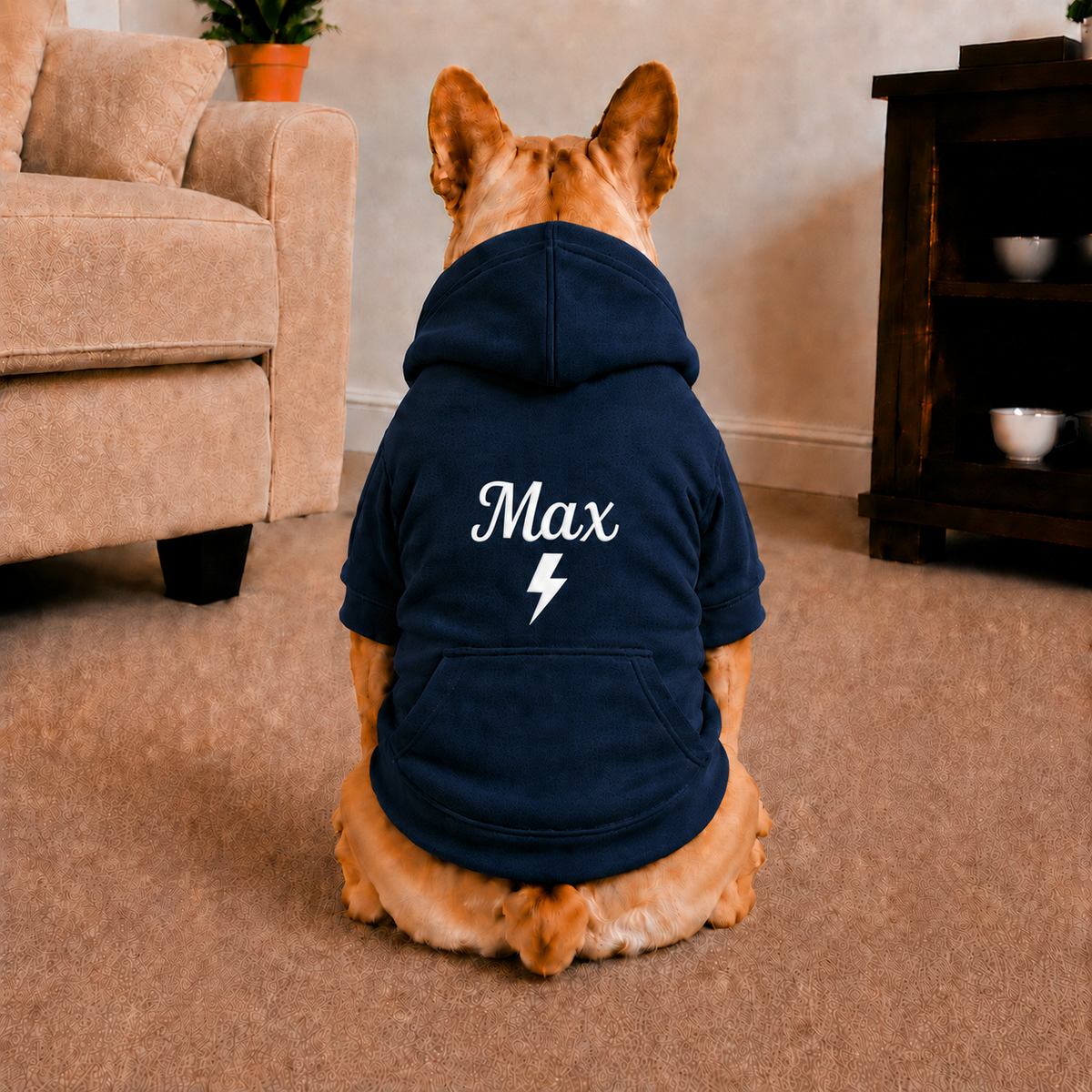 Pet Hoodie with Personalised Embroidery (White Name & Thunder Bolt)
