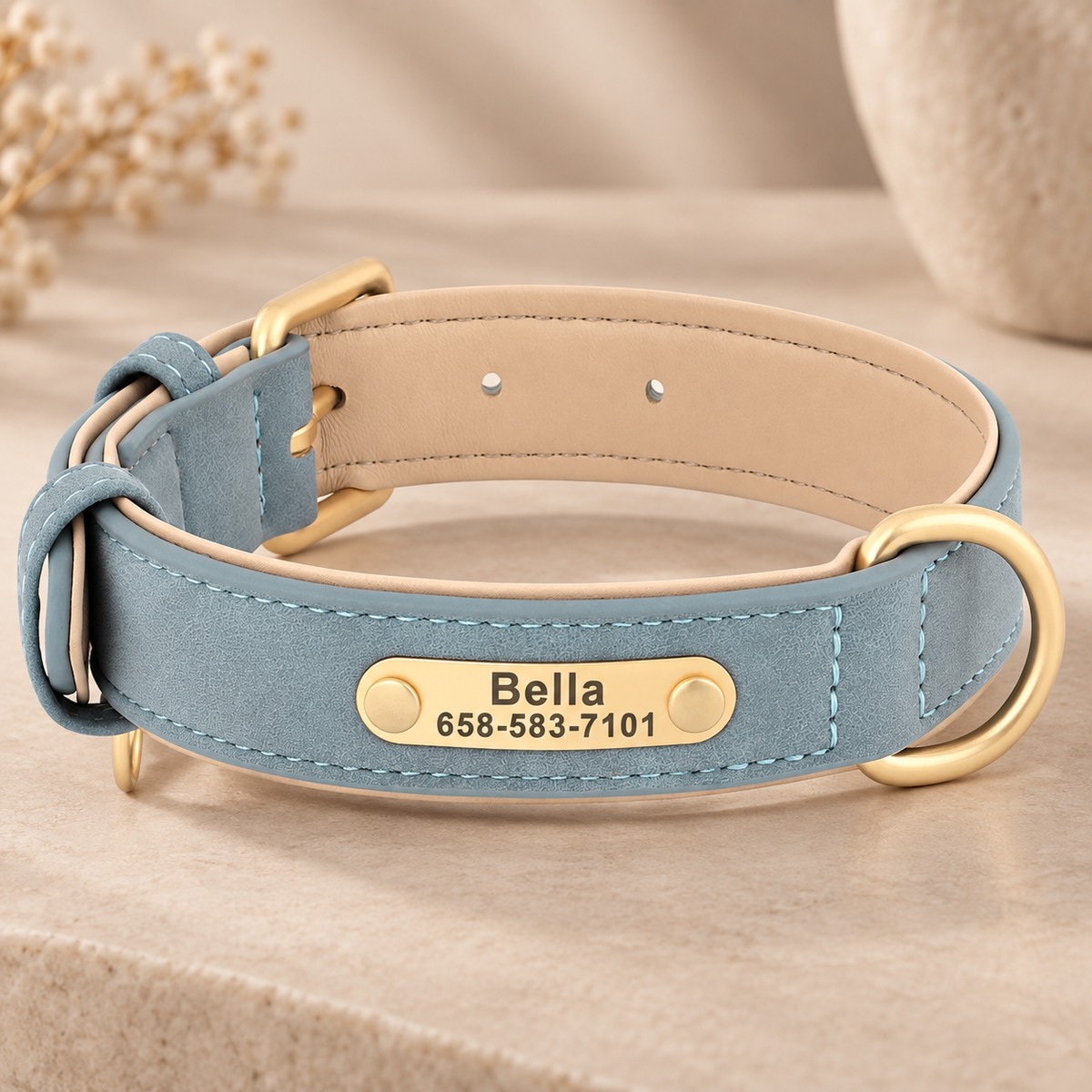 Personalised Premium Pastel Leather Pet Collar (Pet Name & Phone)
