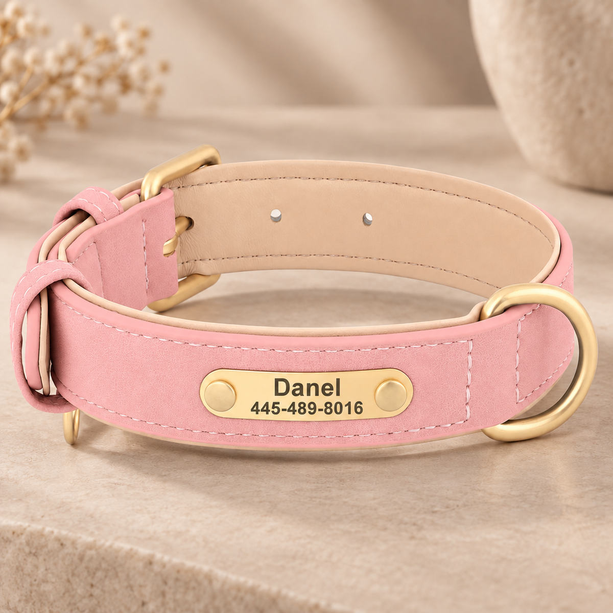 Personalised Premium Pastel Leather Pet Collar (Pet Name & Phone)