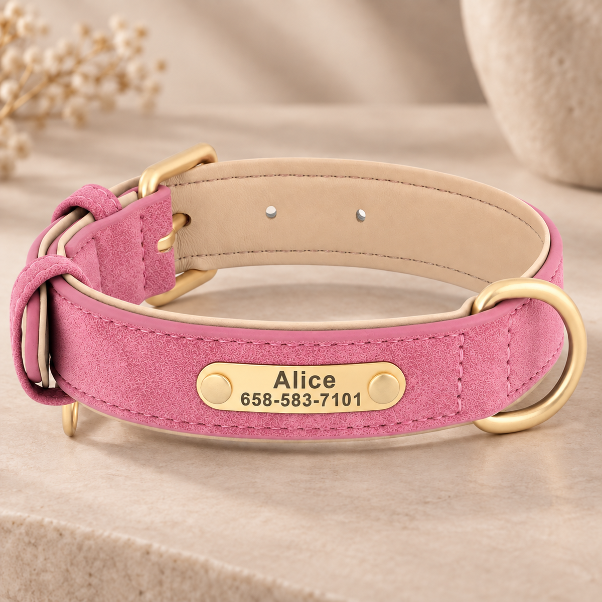Personalised Premium Pastel Leather Pet Collar (Pet Name & Phone)