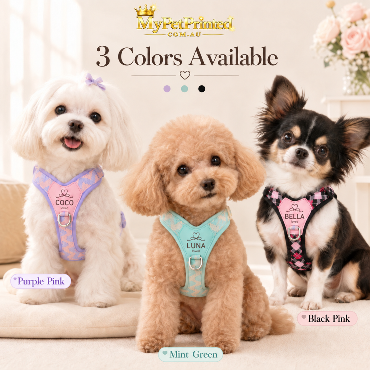 Personalised Heart Pastel Small Dog Harness (Pet Name)