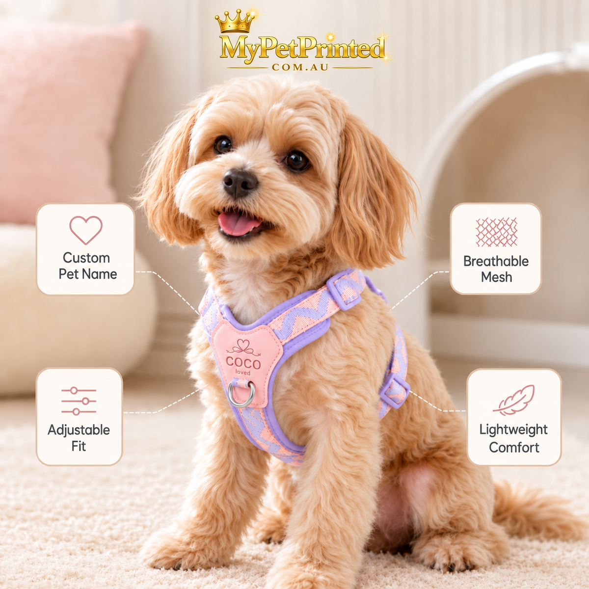 Personalised Heart Pastel Small Dog Harness (Pet Name)