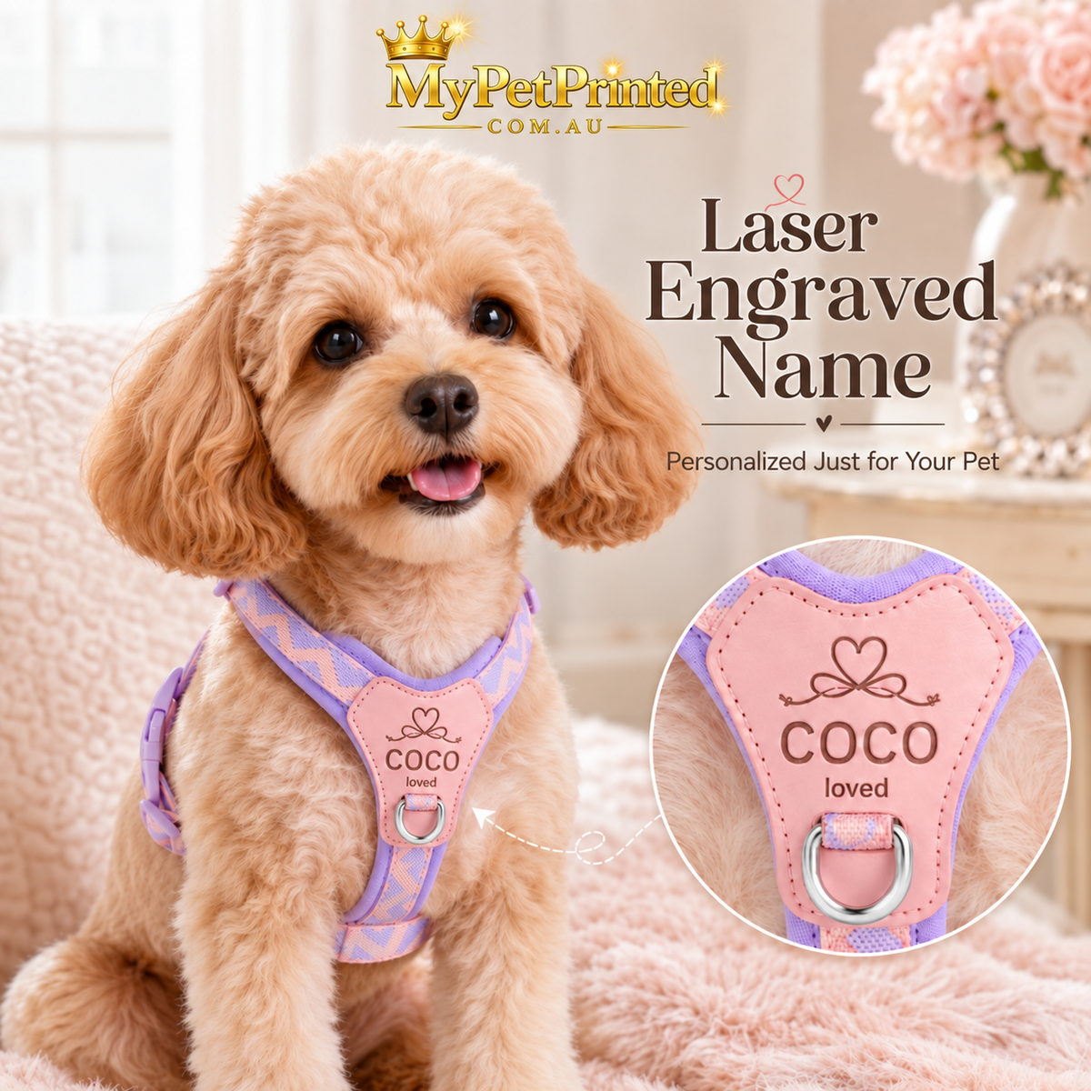 Personalised Heart Pastel Small Dog Harness (Pet Name)