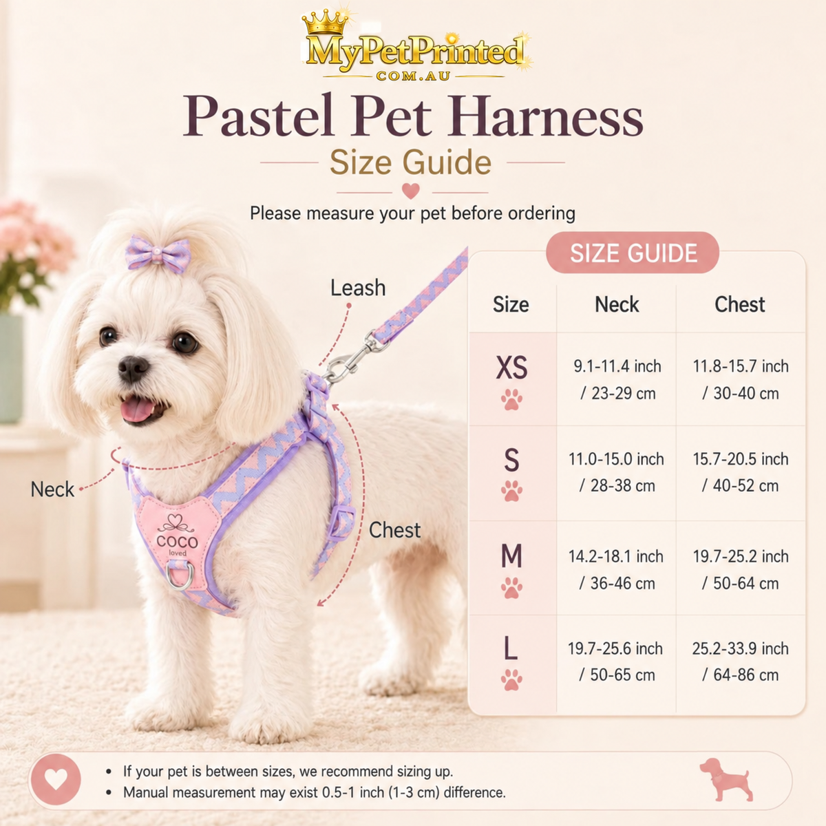 Personalised Heart Pastel Small Dog Harness (Pet Name)