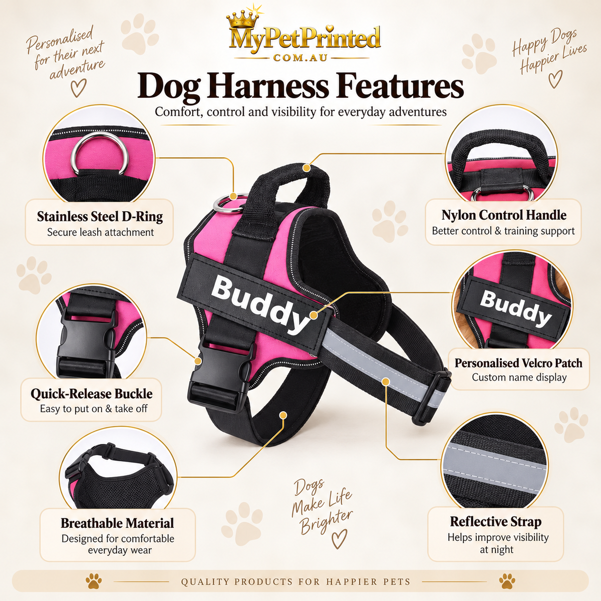 Personalised Reflective Dog Harness  (Pet Name & Phone)