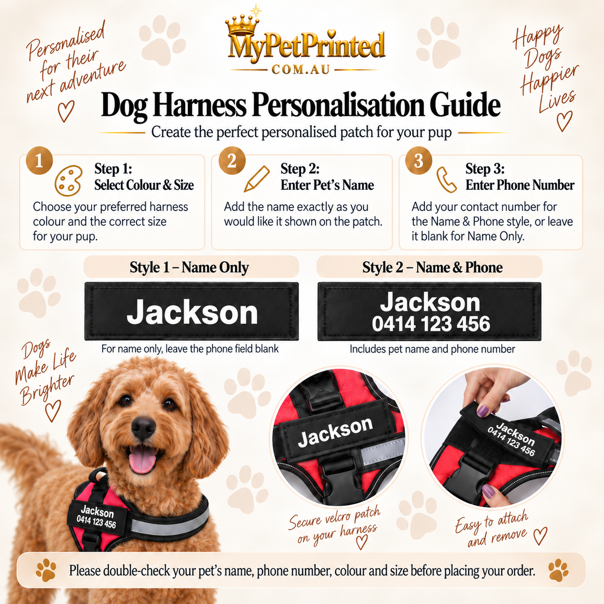 Personalised Reflective Dog Harness  (Pet Name & Phone)