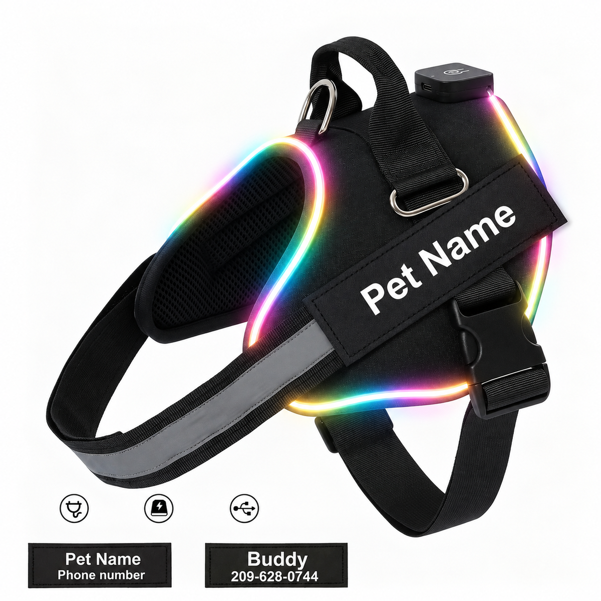 Personalised LED Light-Up Dog Harness (Pet Name & Phone)