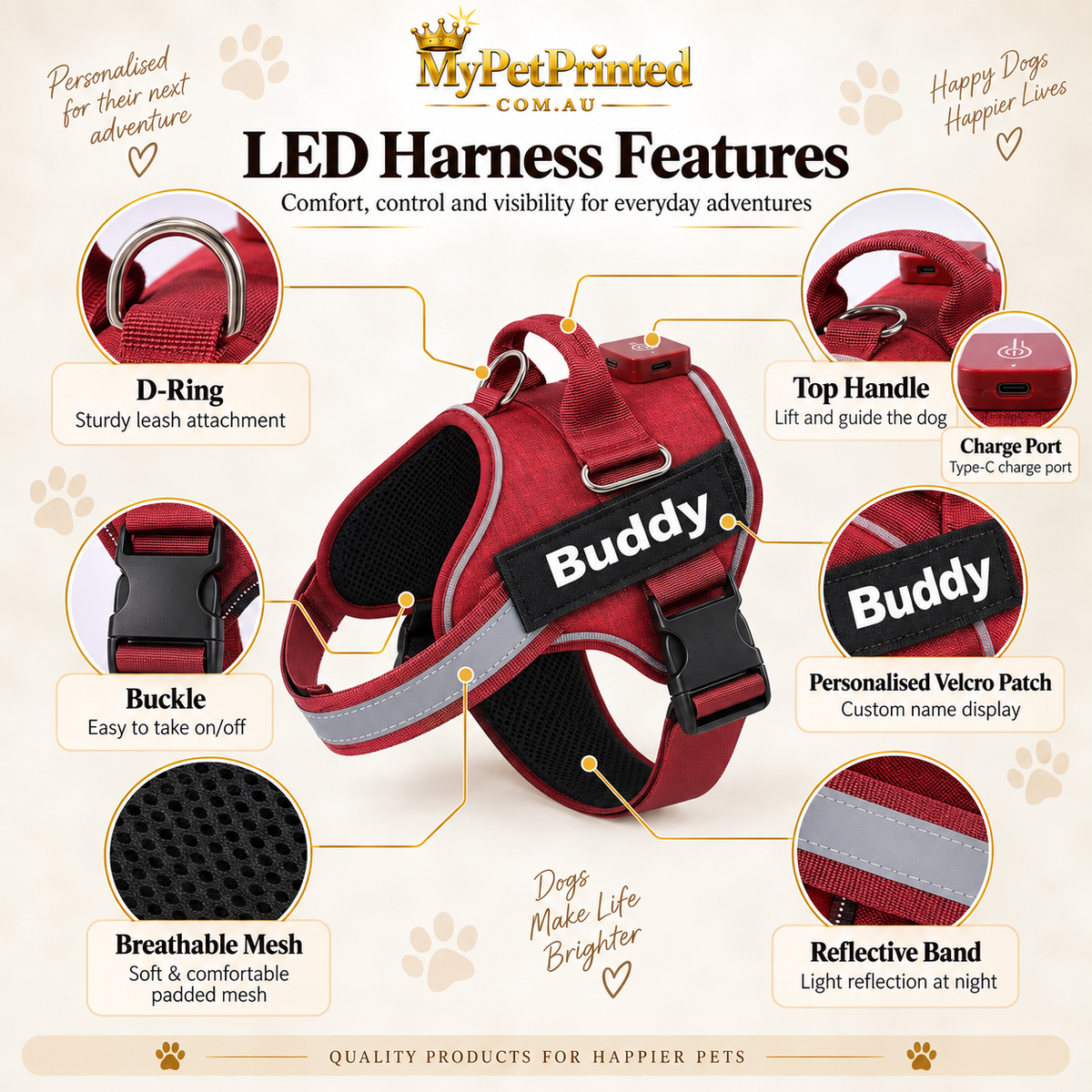Personalised LED Light-Up Dog Harness (Pet Name & Phone)