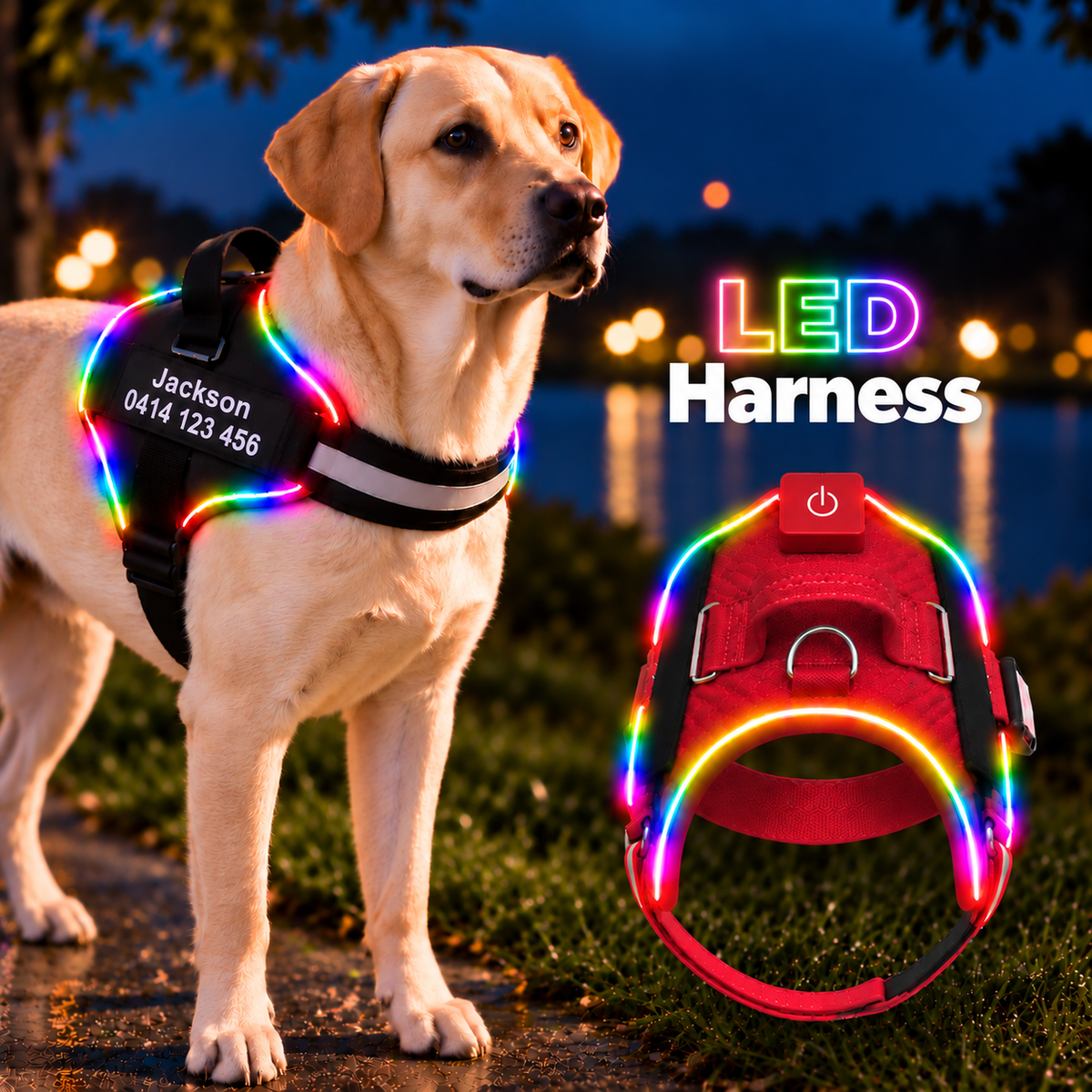 Personalised LED Light-Up Dog Harness (Pet Name & Phone)