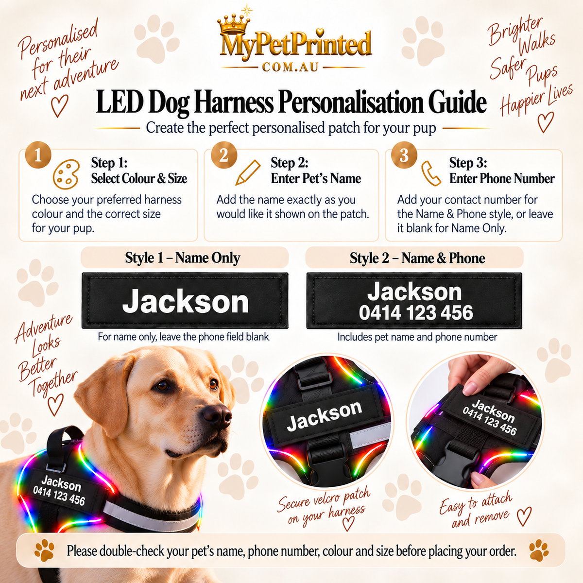 Personalised LED Light-Up Dog Harness (Pet Name & Phone)