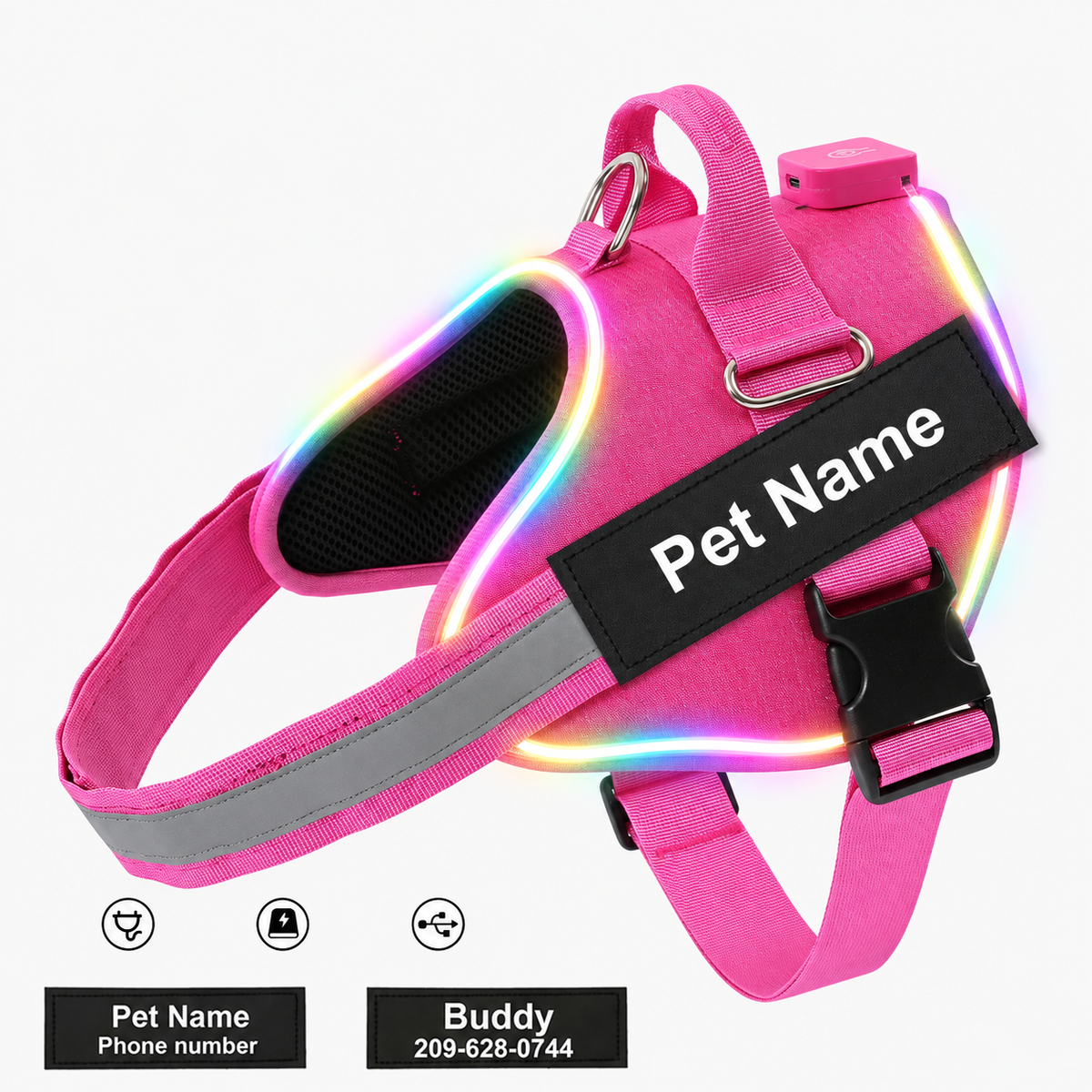 Personalised LED Light-Up Dog Harness (Pet Name & Phone)