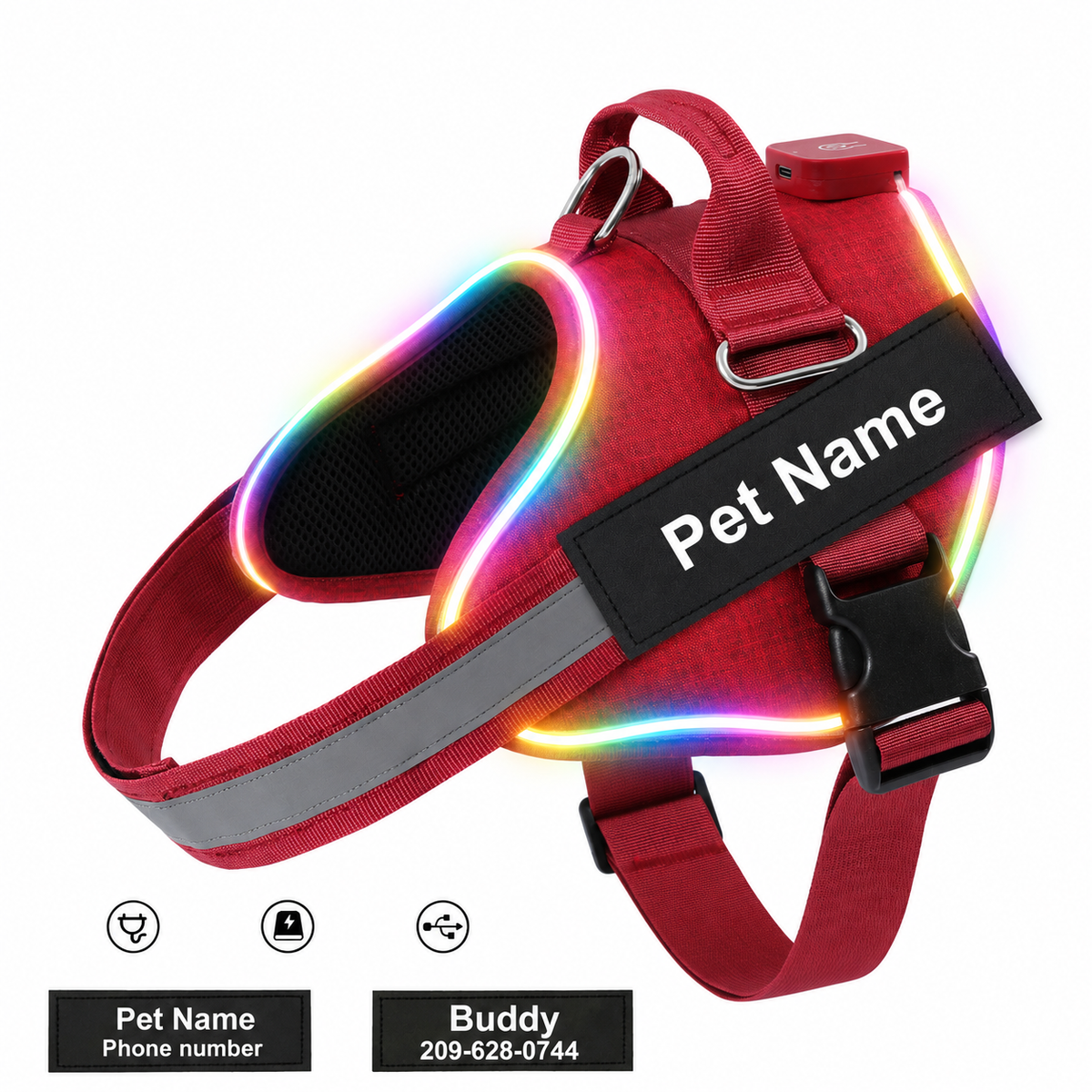 Personalised LED Light-Up Dog Harness (Pet Name & Phone)