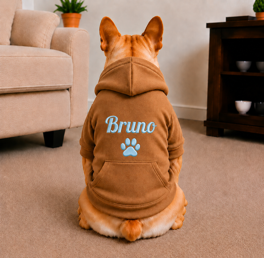 Pet Hoodie with Personalised Embroidery (Baby Blue Name & Paw)