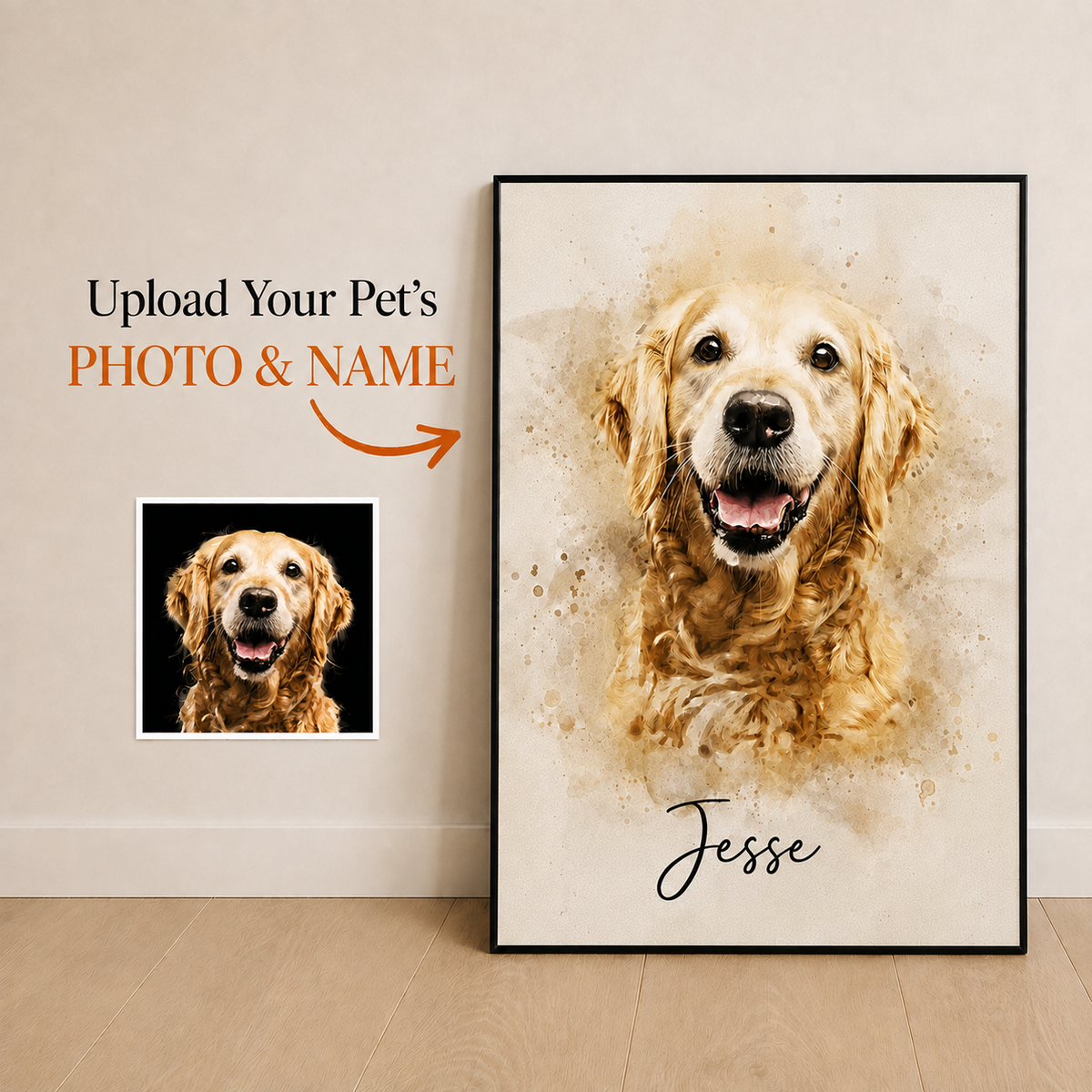 Personalised Watercolour Pet Portrait Canvas Print (Pet's Name & Image)