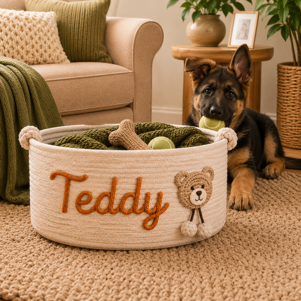 Personalised Hand Embroidered Pet Basket (Pet's Name)
