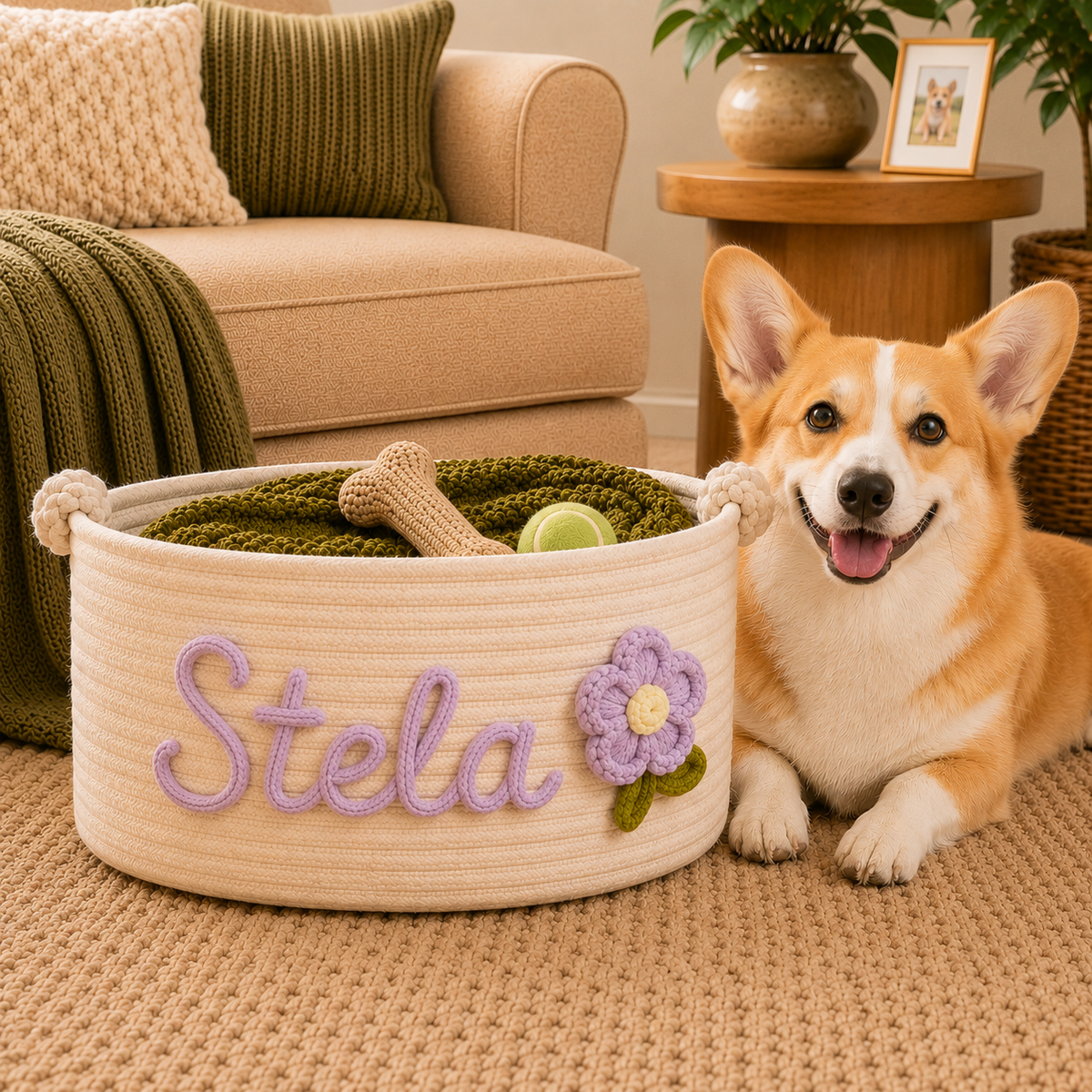 Personalised Hand Embroidered Pet Basket (Pet's Name)