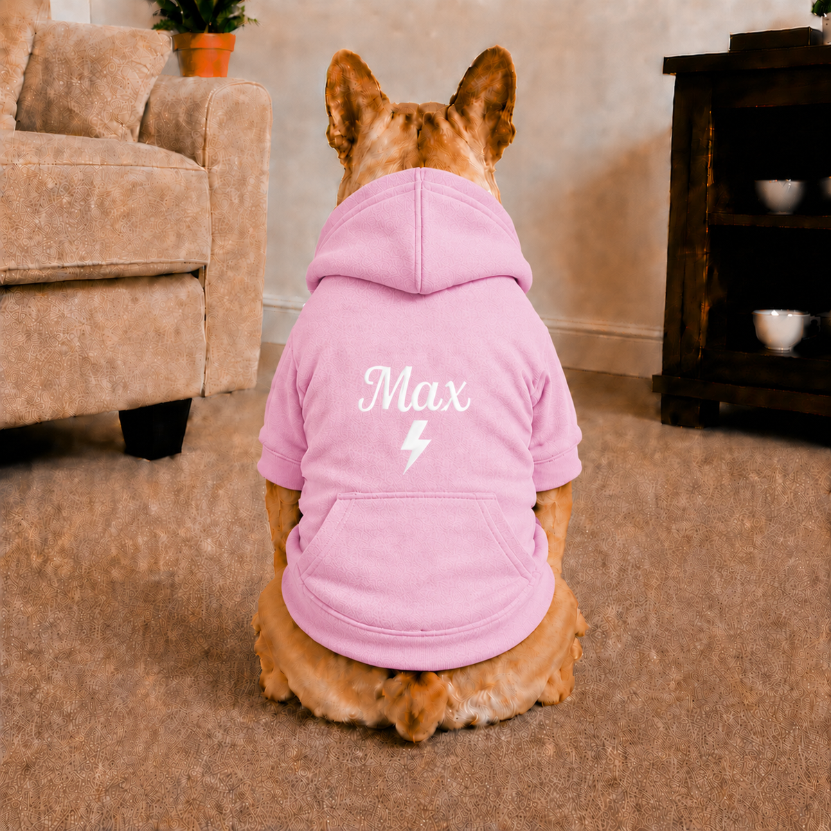 Pet Hoodie with Personalised Embroidery (White Name & Thunder Bolt)