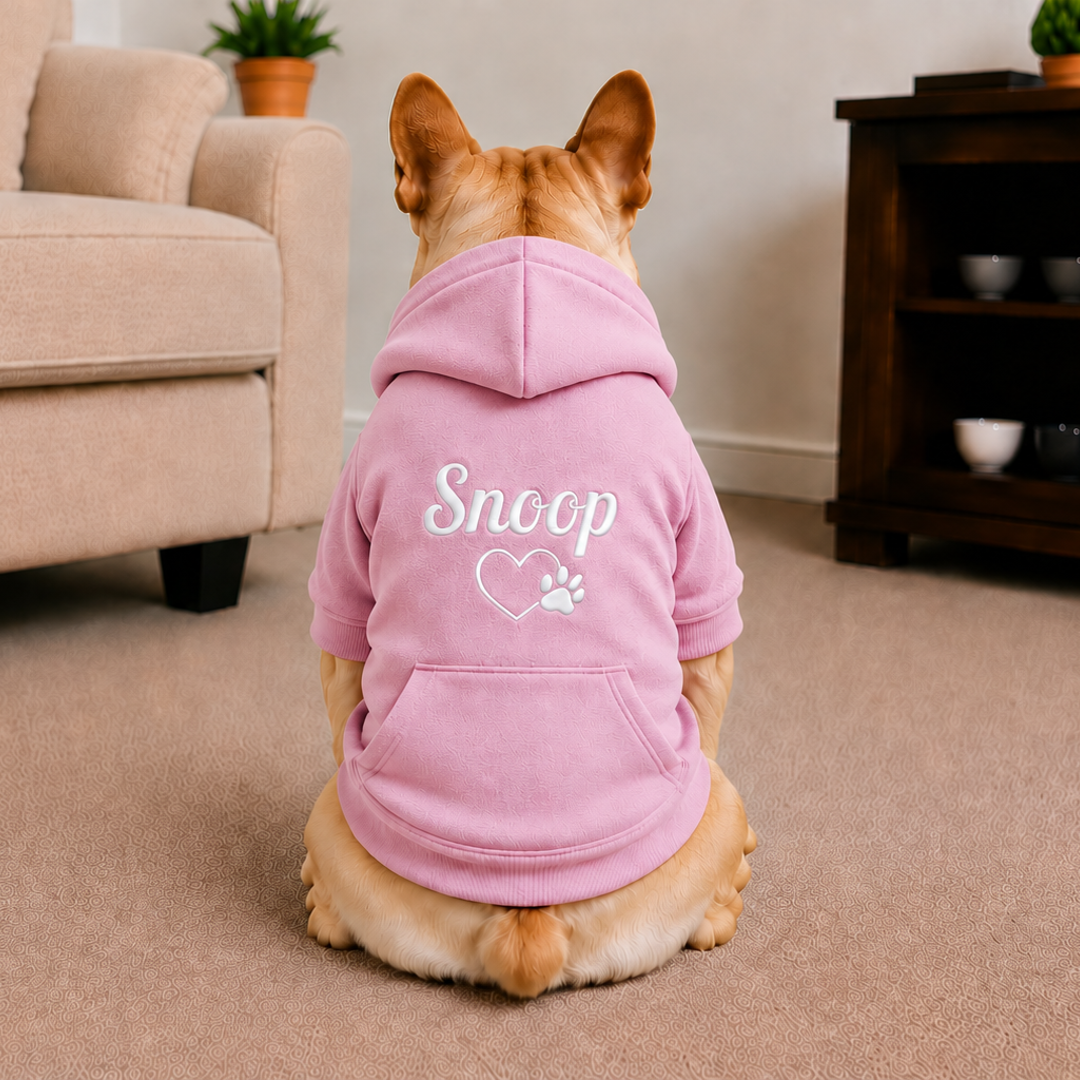 Pet Hoodie with Personalised Embroidery (White Name & Heart Paw)