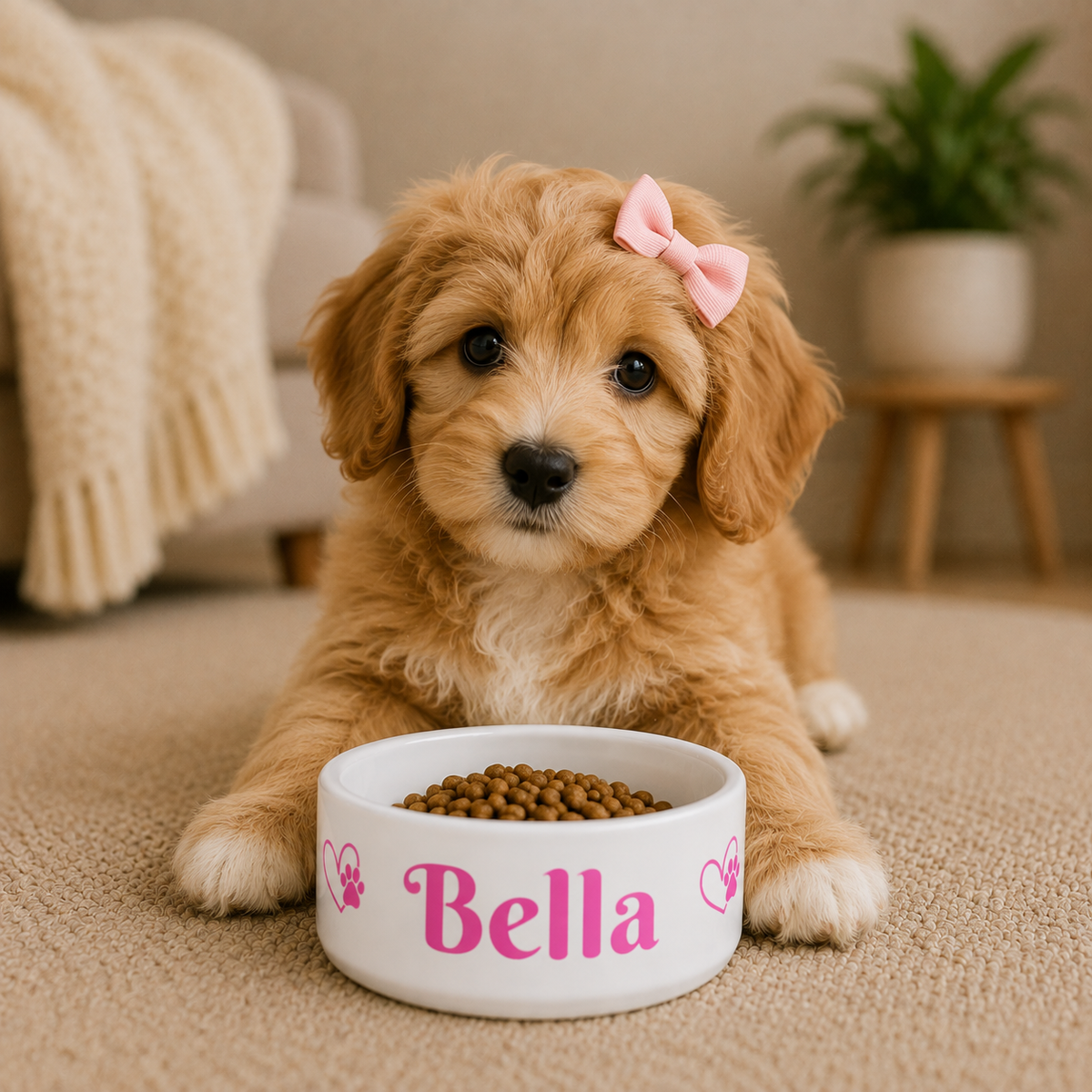 Personalised Pet Bowl — Pink & White with Heart Paw Design (Pet Name)