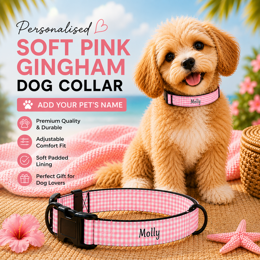 Personalised Pet Collar – Baby Pink Gingham (Pet Name)