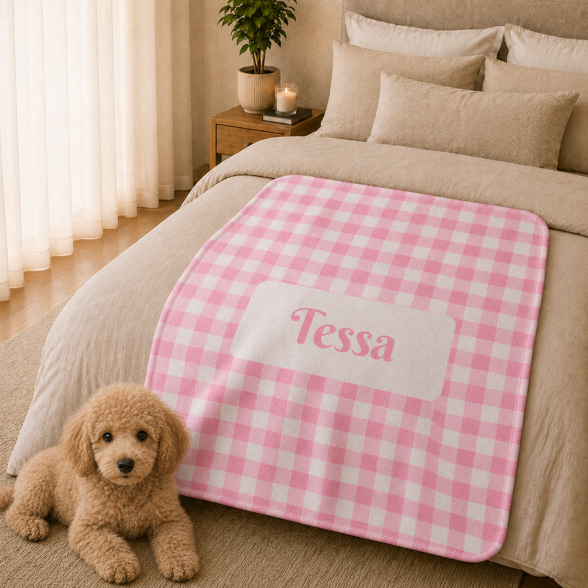 Personalised (Name) Pink Gingham Sherpa Blanket (Pet Name)