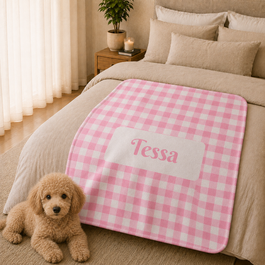 Personalised (Name) Pink Gingham Sherpa Blanket (Pet Name)