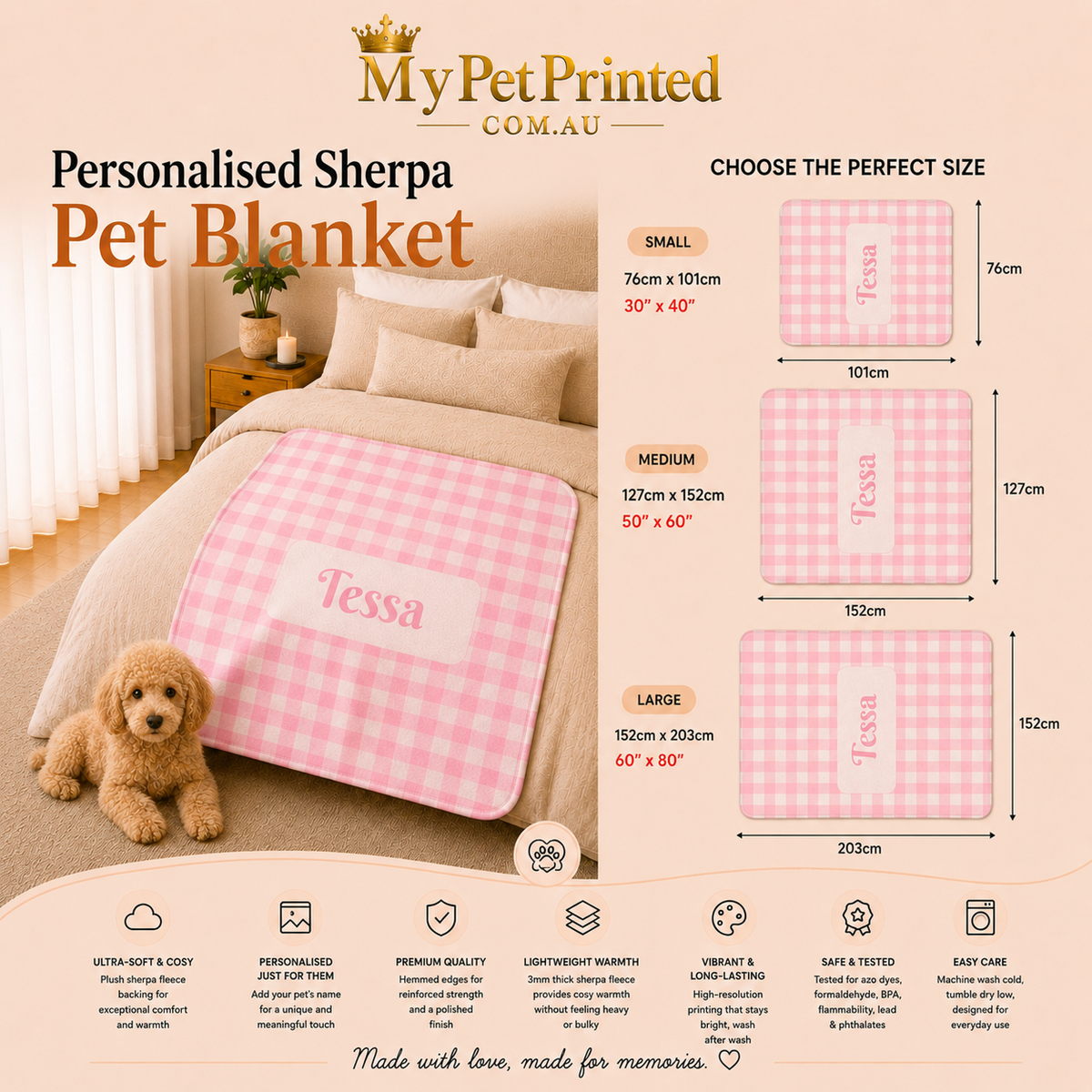 Personalised (Name) Pink Gingham Sherpa Blanket (Pet Name)