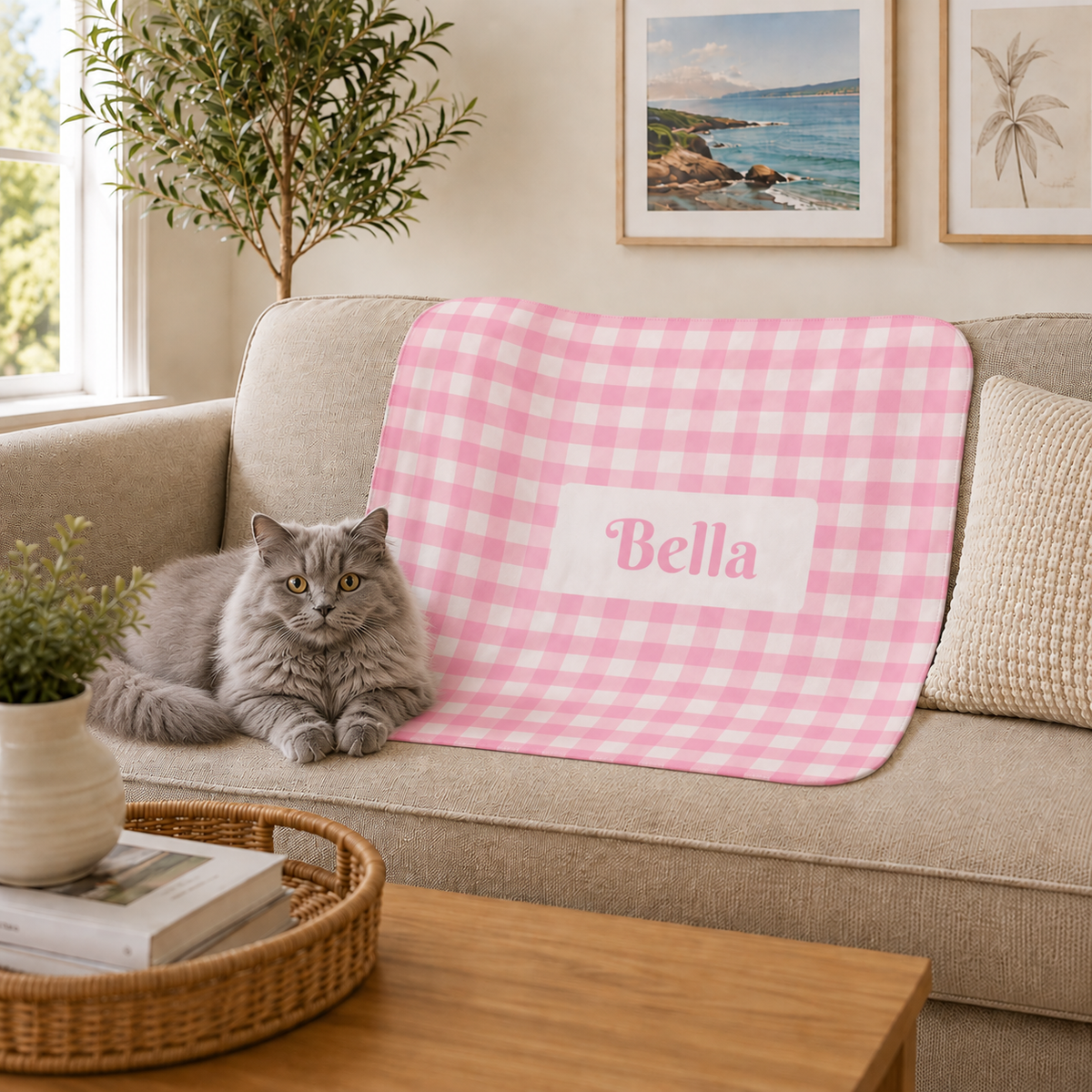 Personalised Gingham Sherpa Blanket, Small Soft Pink & White (Pet Name)